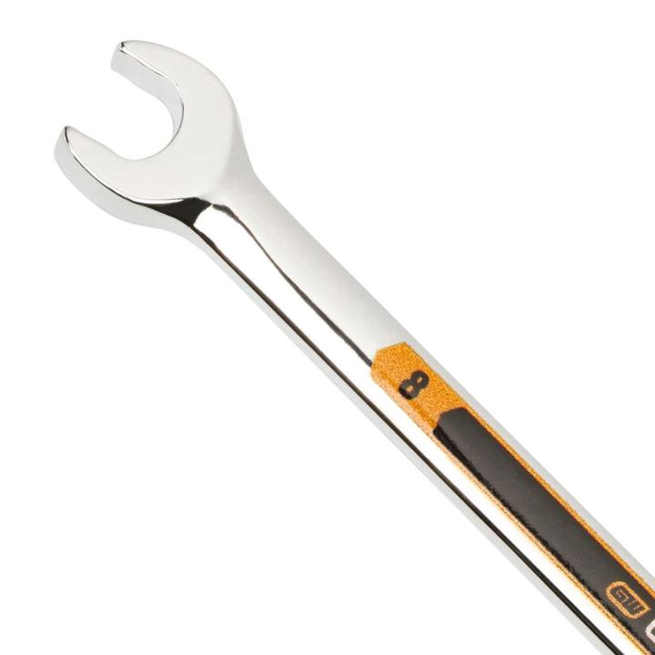 Up close image of the GEARWRENCH  8mm 12 Point Hi-Viz Long Pattern Combination Wrench showcasing the bold, large high-visibility color size markings for quick identification.