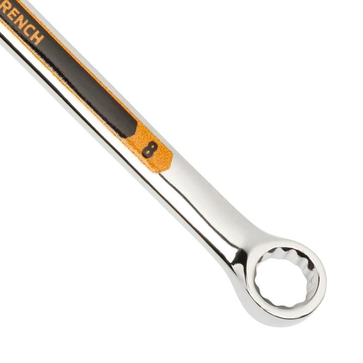 Up close image of the GEARWRENCH  8mm 12 Point Hi-Viz Long Pattern Combination Wrench showcasing the bold, large high-visibility color size markings for quick identification.