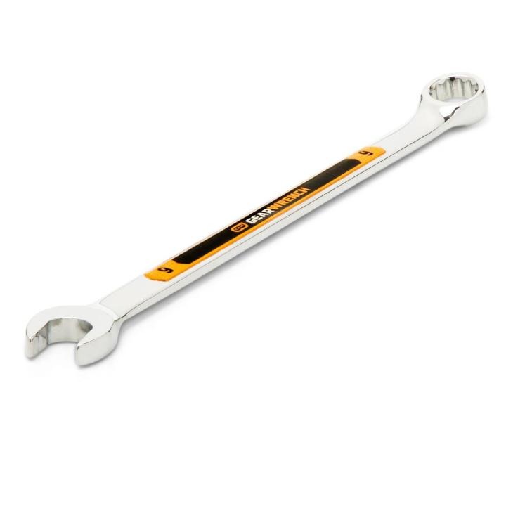 Image of the GEARWRENCH 9mm 12 Point Hi-Viz Long Pattern Combination Wrench with the open end towards the bottom left and the closed end towards the upper right side