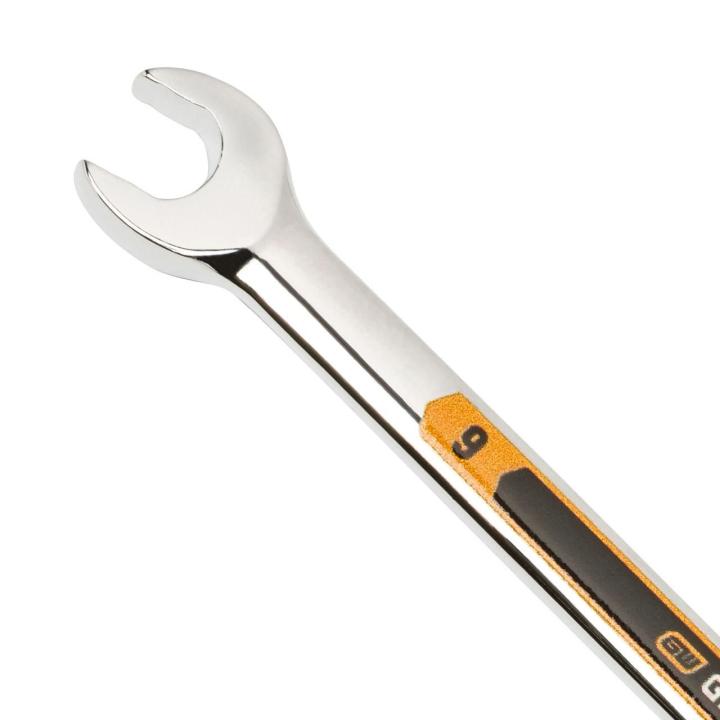 Up close image of the GEARWRENCH  9mm 12 Point Hi-Viz Long Pattern Combination Wrench showcasing the bold, large high-visibility color size markings for quick identification.