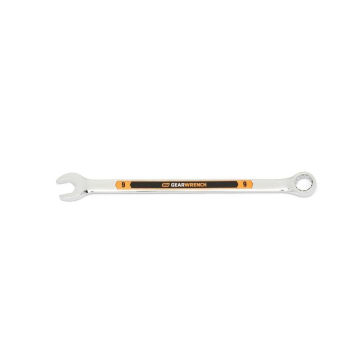 Image of the GEARWRENCH  9mm 12 Point Hi-Viz Long Pattern Combination Wrench with the open end towards the left and the closed end towards the right showcasing the bold, large high-visibility color size markings for quick identification.