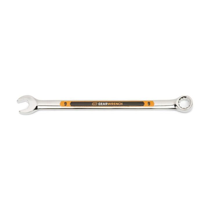 Image of the GEARWRENCH  9mm 12 Point Hi-Viz Long Pattern Combination Wrench with the open end towards the left and the closed end towards the right showcasing the bold, large high-visibility color size markings for quick identification.