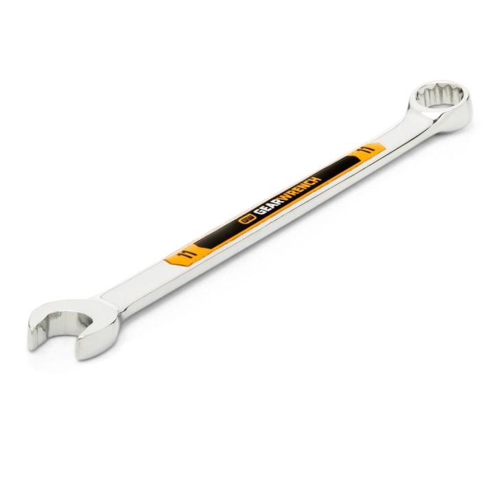 Image of the GEARWRENCH 11mm 12 Point Hi-Viz Long Pattern Combination Wrench with the open end towards the bottom left and the closed end towards the upper right side