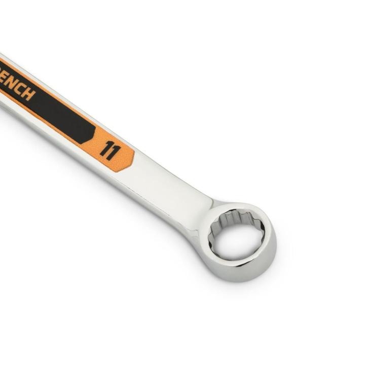 Up close image of the GEARWRENCH  11mm 12 Point Hi-Viz Long Pattern Combination Wrench showcasing the bold, large high-visibility color size markings for quick identification.