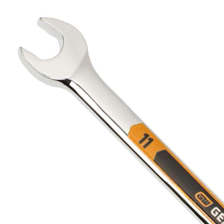 Up close image of the GEARWRENCH  11mm 12 Point Hi-Viz Long Pattern Combination Wrench showcasing the bold, large high-visibility color size markings for quick identification.