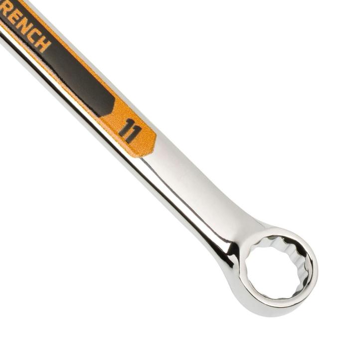 Up close image of the GEARWRENCH  11mm 12 Point Hi-Viz Long Pattern Combination Wrench showcasing the bold, large high-visibility color size markings for quick identification.