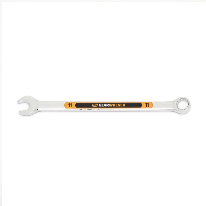 Image of the GEARWRENCH  11mm 12 Point Hi-Viz Long Pattern Combination Wrench with the open end towards the left and the closed end towards the right showcasing the bold, large high-visibility color size markings for quick identification.