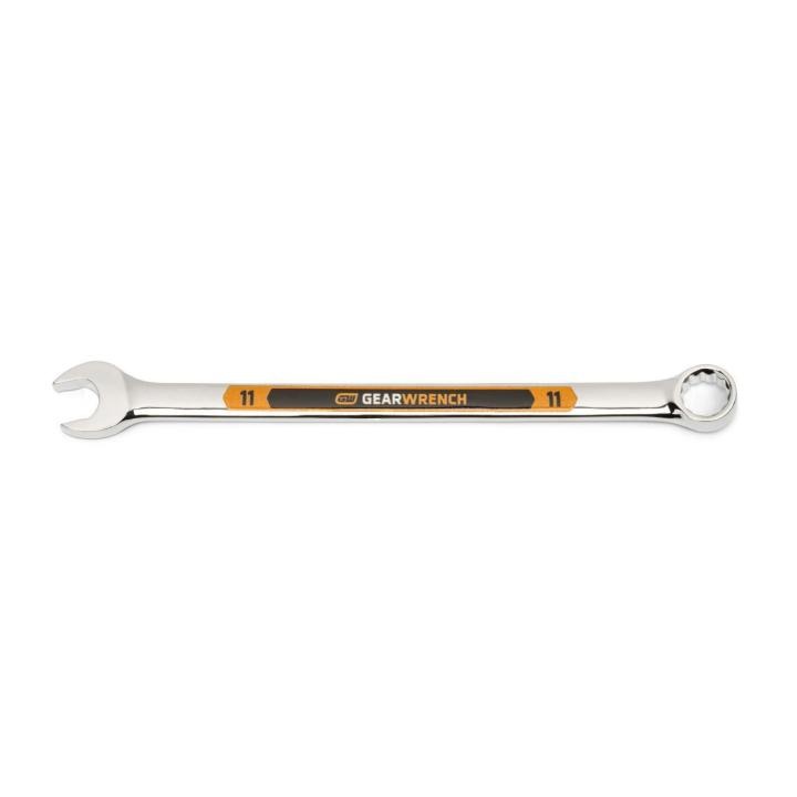 Image of the GEARWRENCH  11mm 12 Point Hi-Viz Long Pattern Combination Wrench with the open end towards the left and the closed end towards the right showcasing the bold, large high-visibility color size markings for quick identification.