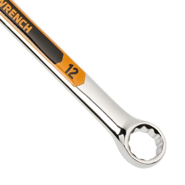 Up close image of the GEARWRENCH  12mm 12 Point Hi-Viz Long Pattern Combination Wrench showcasing the bold, large high-visibility color size markings for quick identification.