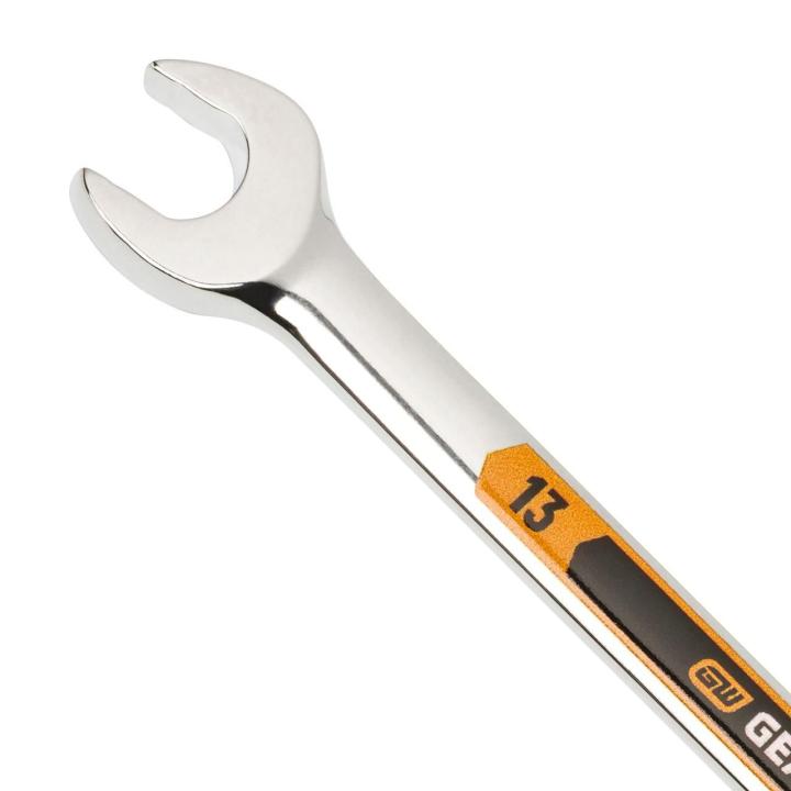 Up close image of the GEARWRENCH  13mm 12 Point Hi-Viz Long Pattern Combination Wrench showcasing the bold, large high-visibility color size markings for quick identification.
