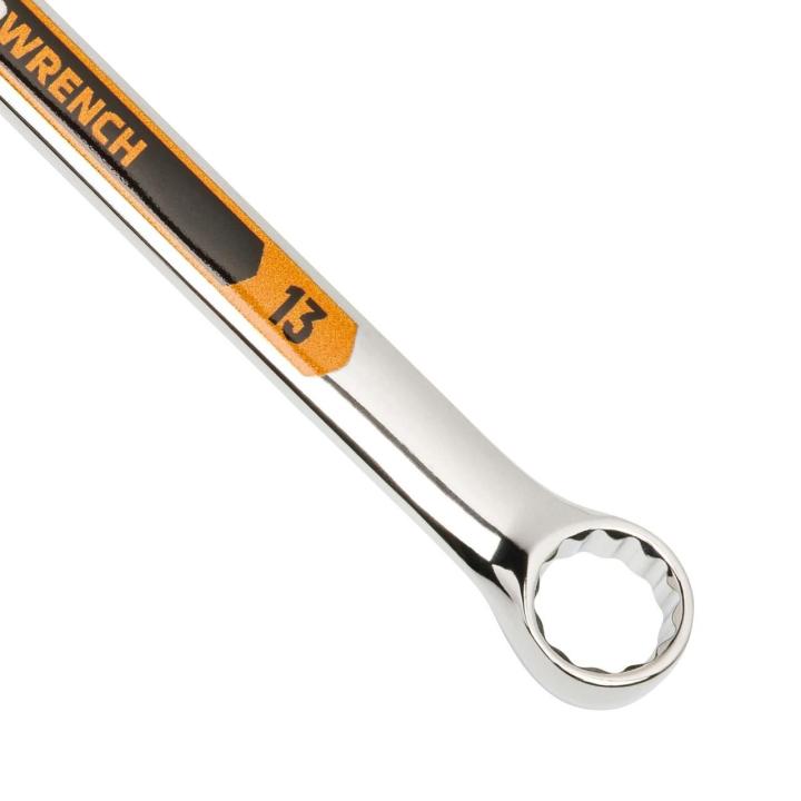 Up close image of the GEARWRENCH  13mm 12 Point Hi-Viz Long Pattern Combination Wrench showcasing the bold, large high-visibility color size markings for quick identification.