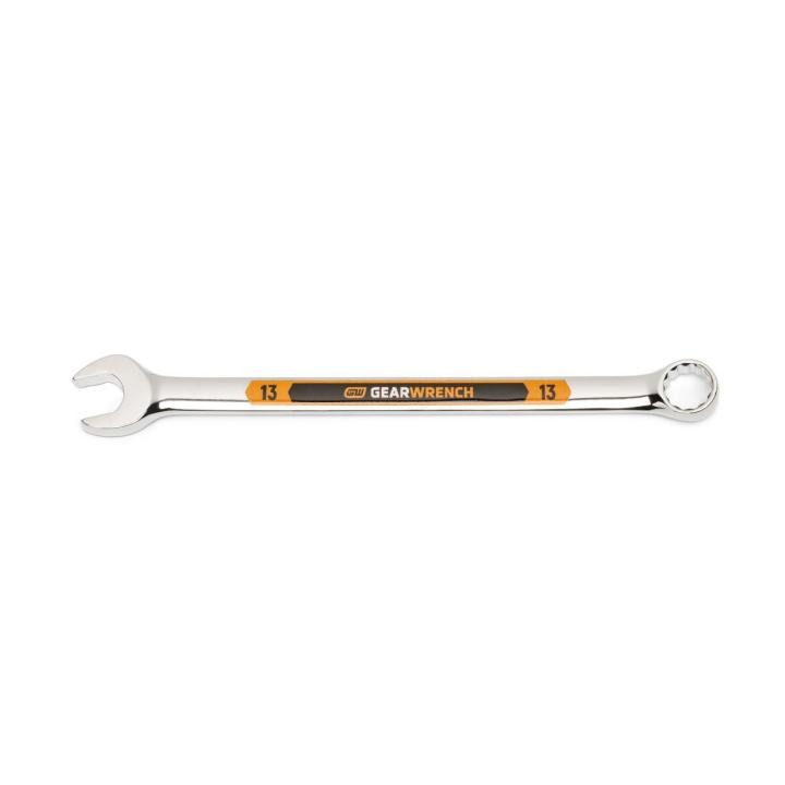 Image of the GEARWRENCH  13mm 12 Point Hi-Viz Long Pattern Combination Wrench with the open end towards the left and the closed end towards the right showcasing the bold, large high-visibility color size markings for quick identification.