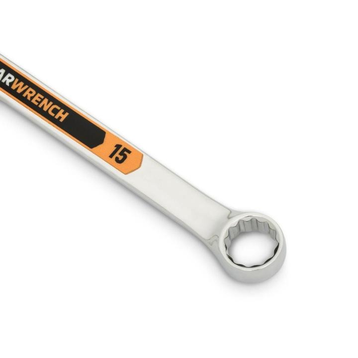 Up close image of the GEARWRENCH  15mm 12 Point Hi-Viz Long Pattern Combination Wrench showcasing the bold, large high-visibility color size markings for quick identification.