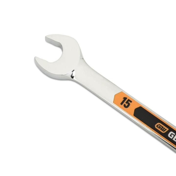 Up close image of the GEARWRENCH  15mm 12 Point Hi-Viz Long Pattern Combination Wrench showcasing the bold, large high-visibility color size markings for quick identification.