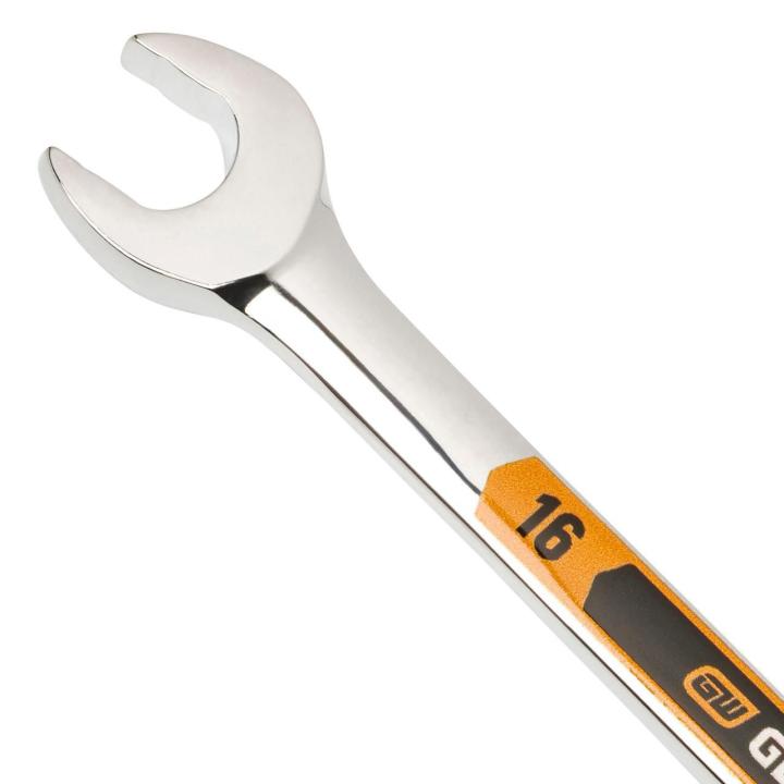 Up close image of the GEARWRENCH  16mm 12 Point Hi-Viz Long Pattern Combination Wrench showcasing the bold, large high-visibility color size markings for quick identification.