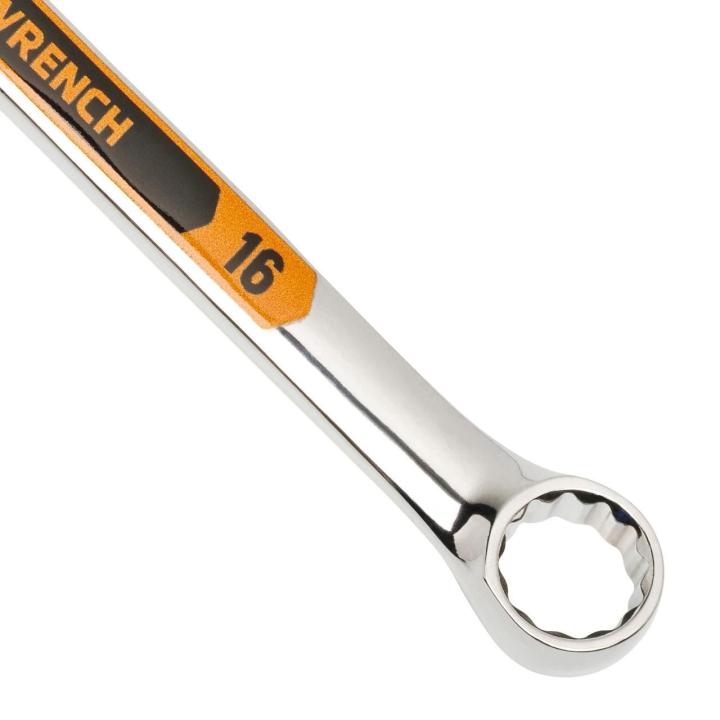 Up close image of the GEARWRENCH  16mm 12 Point Hi-Viz Long Pattern Combination Wrench showcasing the bold, large high-visibility color size markings for quick identification.