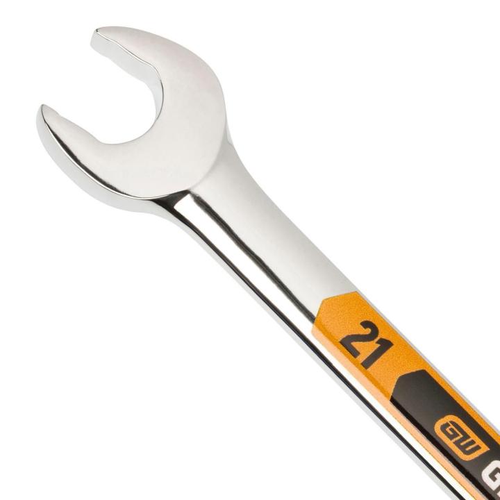 Up close image of the GEARWRENCH  21mm 12 Point Hi-Viz Long Pattern Combination Wrench showcasing the bold, large high-visibility color size markings for quick identification.