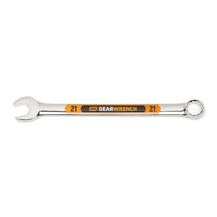 Image of the GEARWRENCH  21mm 12 Point Hi-Viz Long Pattern Combination Wrench with the open end towards the left and the closed end towards the right showcasing the bold, large high-visibility color size markings for quick identification.