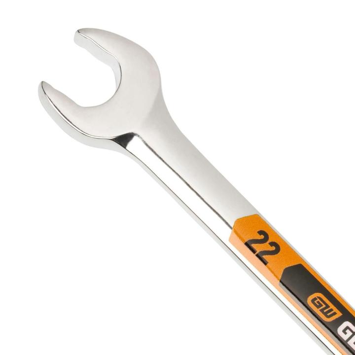 Up close image of the GEARWRENCH  22mm 12 Point Hi-Viz Long Pattern Combination Wrench showcasing the bold, large high-visibility color size markings for quick identification.