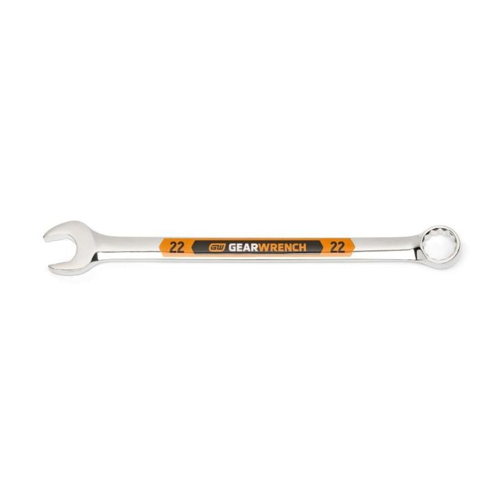 Image of the GEARWRENCH  22mm 12 Point Hi-Viz Long Pattern Combination Wrench with the open end towards the left and the closed end towards the right showcasing the bold, large high-visibility color size markings for quick identification.