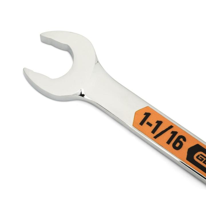 Up close image of the GEARWRENCH  1-1/16 12 Point Hi-Viz Long Pattern Combination Wrench showcasing the bold, large high-visibility color size markings for quick identification.