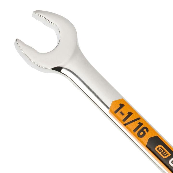 Up close image of the GEARWRENCH  1-1/16 12 Point Hi-Viz Long Pattern Combination Wrench showcasing the bold, large high-visibility color size markings for quick identification.