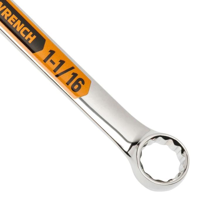 Up close image of the GEARWRENCH  1-1/16 12 Point Hi-Viz Long Pattern Combination Wrench showcasing the bold, large high-visibility color size markings for quick identification.