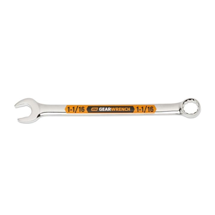 Image of the GEARWRENCH  1-1/16 12 Point Hi-Viz Long Pattern Combination Wrench with the open end towards the left and the closed end towards the right showcasing the bold, large high-visibility color size markings for quick identification.