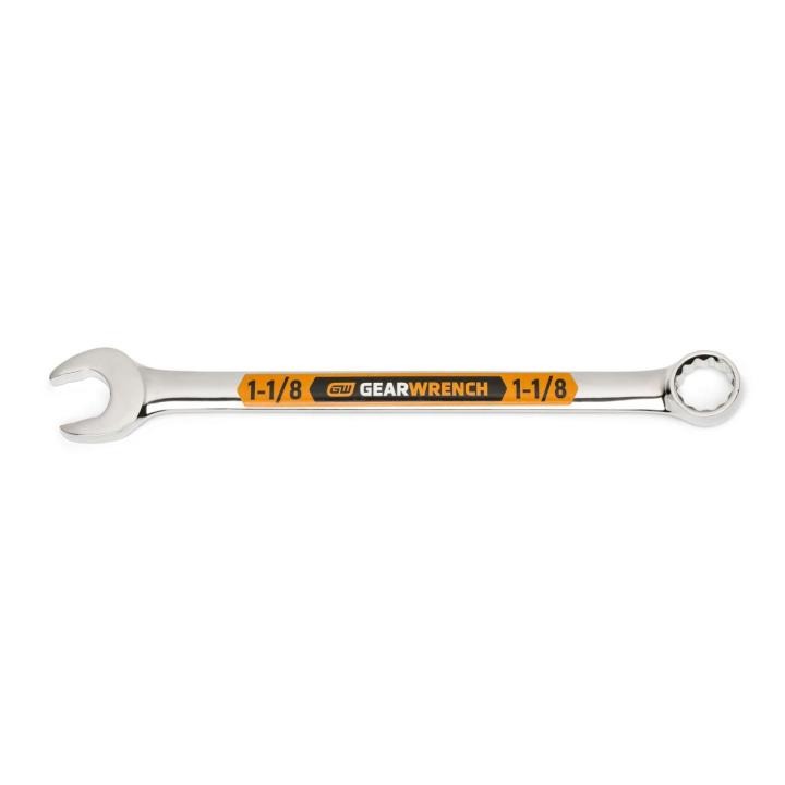 Image of the GEARWRENCH  1-1/8 12 Point Hi-Viz Long Pattern Combination Wrench with the open end towards the left and the closed end towards the right showcasing the bold, large high-visibility color size markings for quick identification.