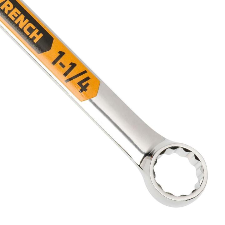 Up close image of the GEARWRENCH  1-1/4 12 Point Hi-Viz Long Pattern Combination Wrench showcasing the bold, large high-visibility color size markings for quick identification.