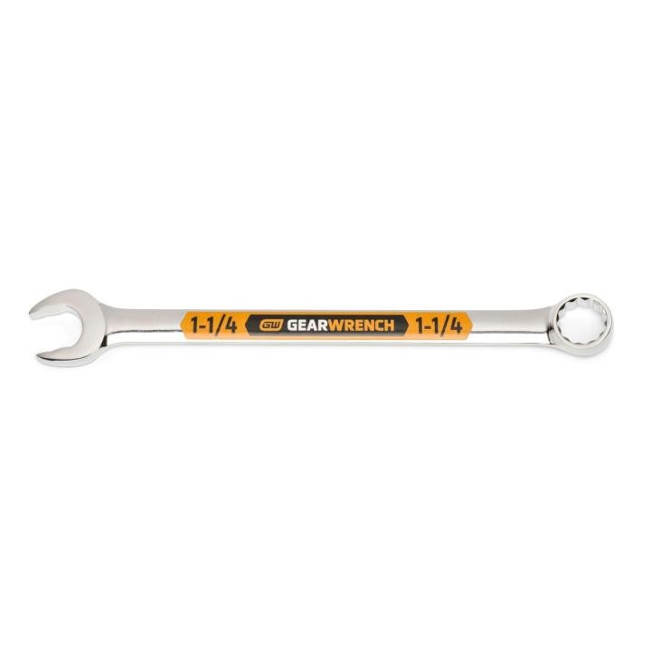Image of the GEARWRENCH  1-1/4 12 Point Hi-Viz Long Pattern Combination Wrench with the open end towards the left and the closed end towards the right showcasing the bold, large high-visibility color size markings for quick identification.