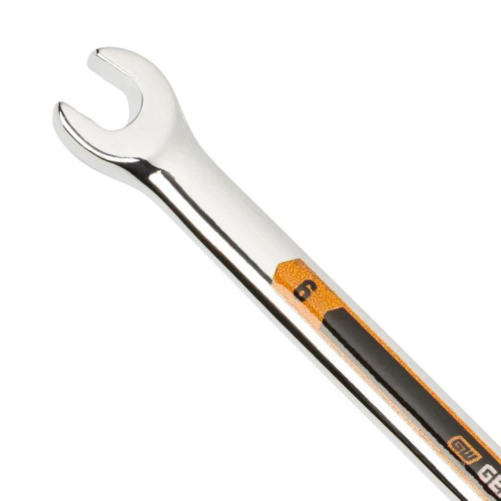 Up close image of the GEARWRENCH  6mm 12 Point Hi-Viz Long Pattern Combination Wrench showcasing the bold, large high-visibility color size markings for quick identification.