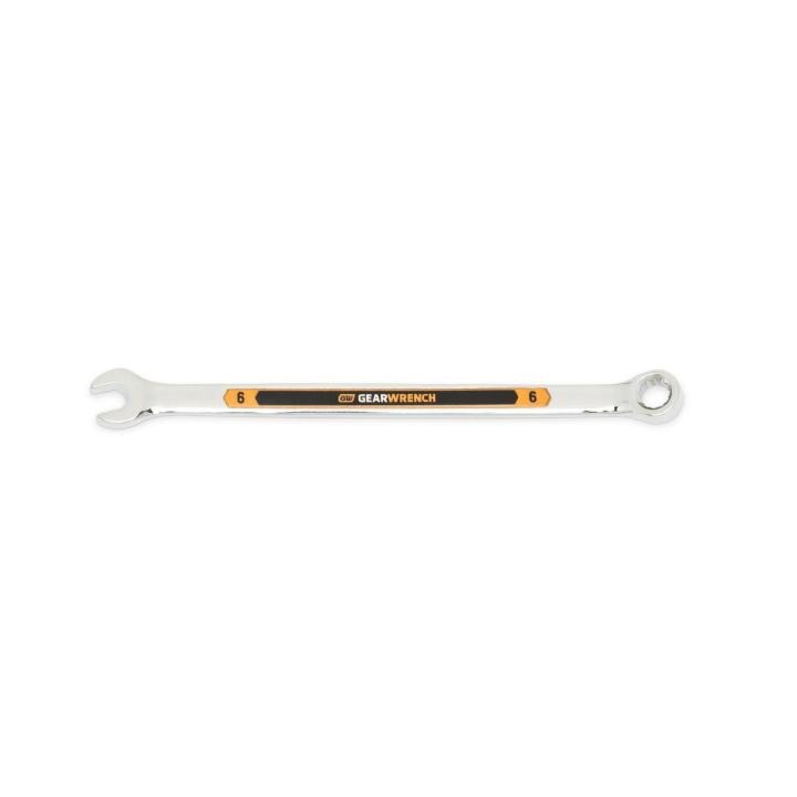 Image of the GEARWRENCH  6mm 12 Point Hi-Viz Long Pattern Combination Wrench with the open end towards the left and the closed end towards the right showcasing the bold, large high-visibility color size markings for quick identification.
