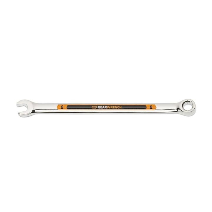 Image of the GEARWRENCH  6mm 12 Point Hi-Viz Long Pattern Combination Wrench with the open end towards the left and the closed end towards the right showcasing the bold, large high-visibility color size markings for quick identification.