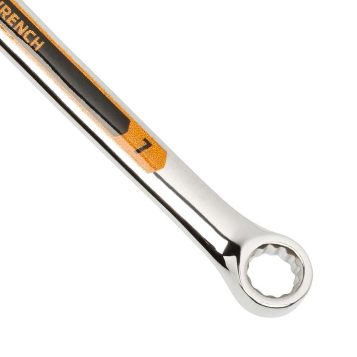 Up close image of the GEARWRENCH  7mm 12 Point Hi-Viz Long Pattern Combination Wrench showcasing the bold, large high-visibility color size markings for quick identification.