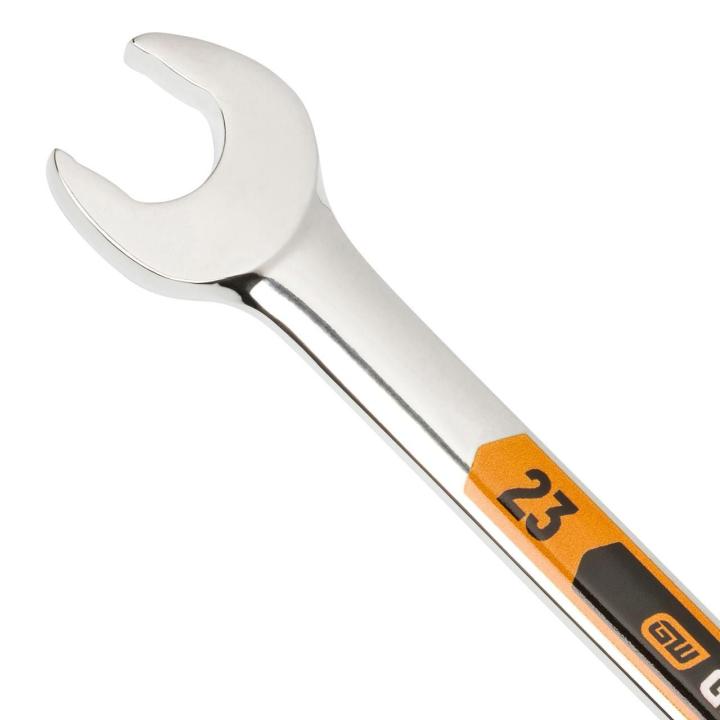 Up close image of the GEARWRENCH  23mm 12 Point Hi-Viz Long Pattern Combination Wrench showcasing the bold, large high-visibility color size markings for quick identification.
