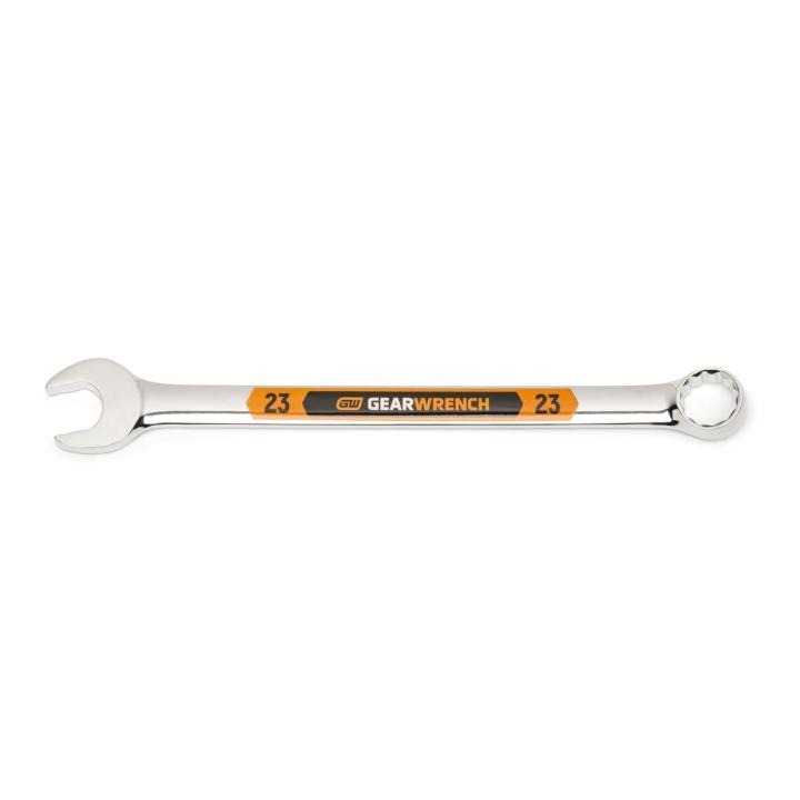 Image of the GEARWRENCH  23mm 12 Point Hi-Viz Long Pattern Combination Wrench with the open end towards the left and the closed end towards the right showcasing the bold, large high-visibility color size markings for quick identification.