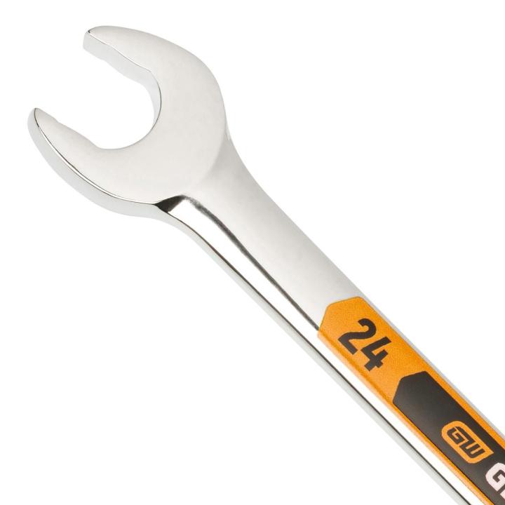 Up close image of the GEARWRENCH  24mm 12 Point Hi-Viz Long Pattern Combination Wrench showcasing the bold, large high-visibility color size markings for quick identification.