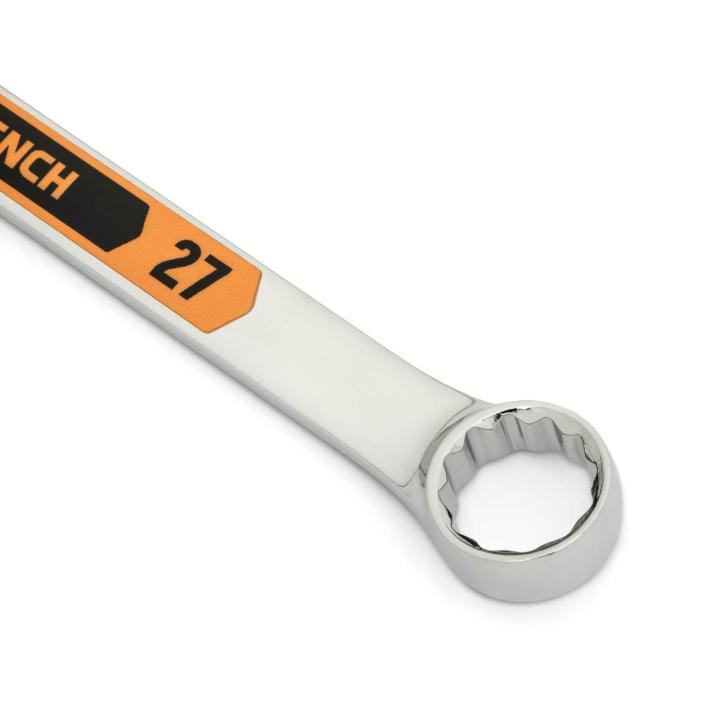 Up close image of the GEARWRENCH  27mm 12 Point Hi-Viz Long Pattern Combination Wrench showcasing the bold, large high-visibility color size markings for quick identification.
