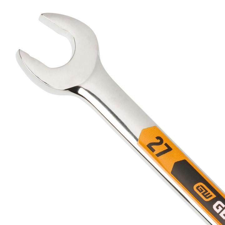 Up close image of the GEARWRENCH  27mm 12 Point Hi-Viz Long Pattern Combination Wrench showcasing the bold, large high-visibility color size markings for quick identification.