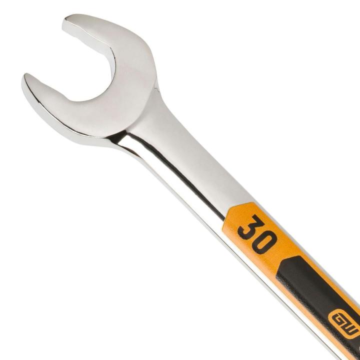 Up close image of the GEARWRENCH  30mm 12 Point Hi-Viz Long Pattern Combination Wrench showcasing the bold, large high-visibility color size markings for quick identification.