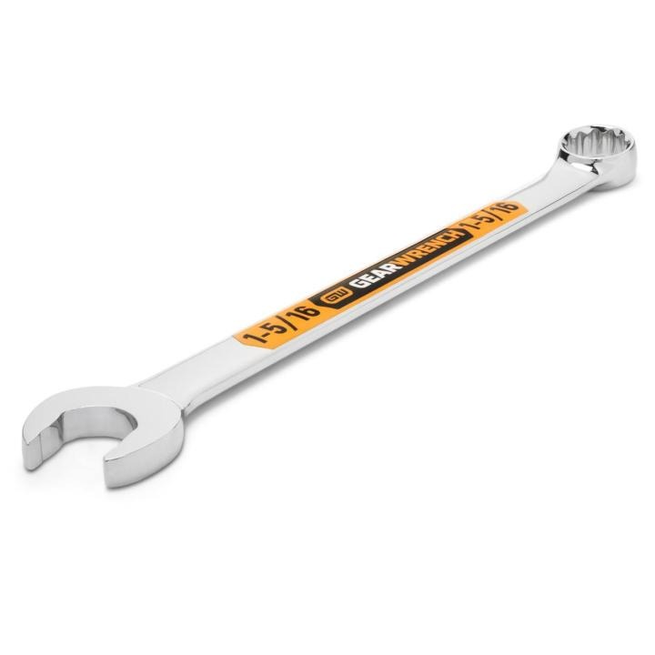 Image of the GEARWRENCH 1-5/16 12 Point Hi-Viz Long Pattern Combination Wrench with the open end towards the bottom left and the closed end towards the upper right side