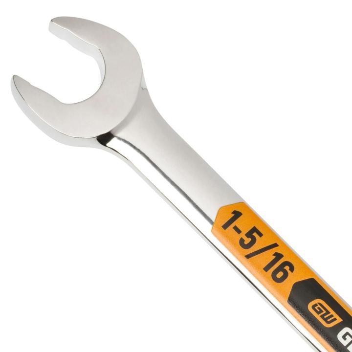 Up close image of the GEARWRENCH  1-5/16 12 Point Hi-Viz Long Pattern Combination Wrench showcasing the bold, large high-visibility color size markings for quick identification.