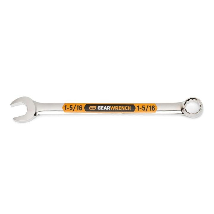 Image of the GEARWRENCH  1-5/16 12 Point Hi-Viz Long Pattern Combination Wrench with the open end towards the left and the closed end towards the right showcasing the bold, large high-visibility color size markings for quick identification.