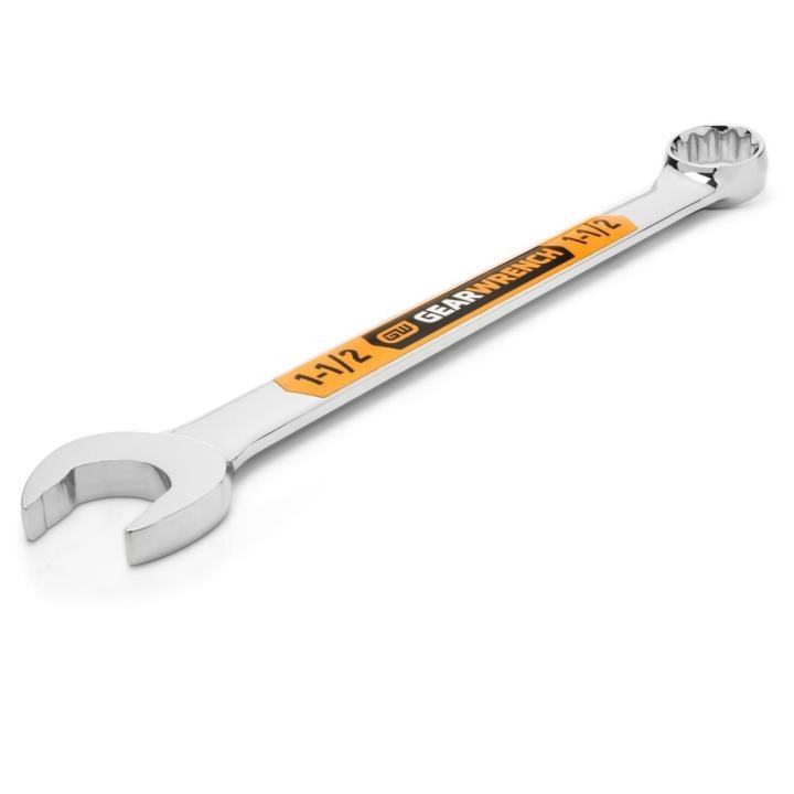 Image of the GEARWRENCH 1-1/2 12 Point Hi-Viz Long Pattern Combination Wrench with the open end towards the bottom left and the closed end towards the upper right side