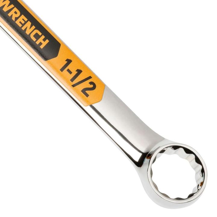 Up close image of the GEARWRENCH  1-1/2 12 Point Hi-Viz Long Pattern Combination Wrench showcasing the bold, large high-visibility color size markings for quick identification.