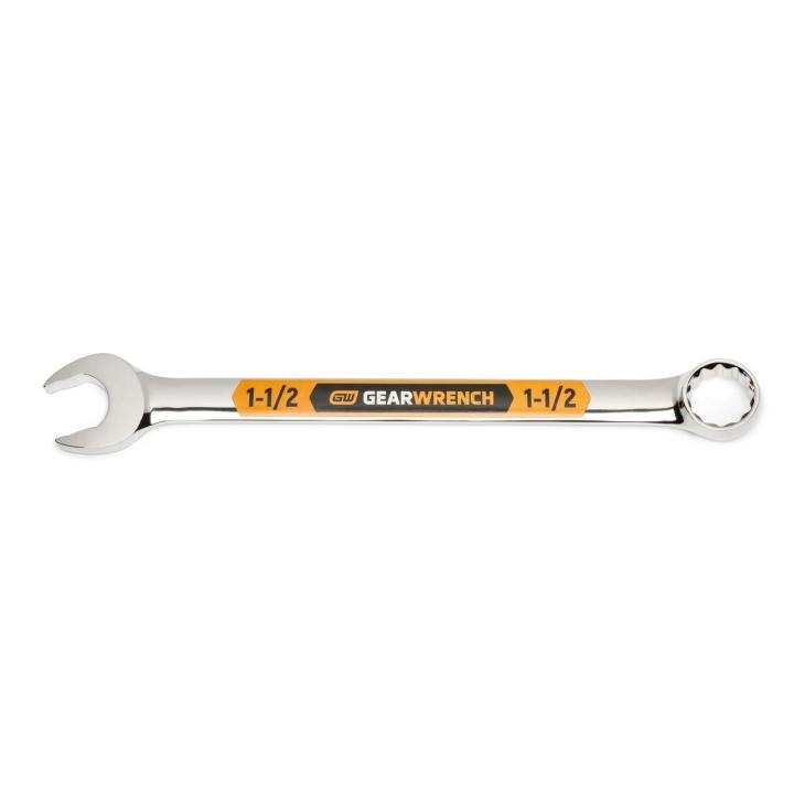 Image of the GEARWRENCH  1-1/2 12 Point Hi-Viz Long Pattern Combination Wrench with the open end towards the left and the closed end towards the right showcasing the bold, large high-visibility color size markings for quick identification.