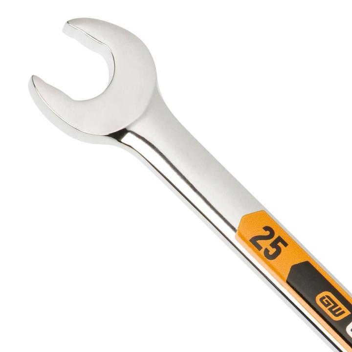Up close image of the GEARWRENCH  25mm 12 Point Hi-Viz Long Pattern Combination Wrench showcasing the bold, large high-visibility color size markings for quick identification.