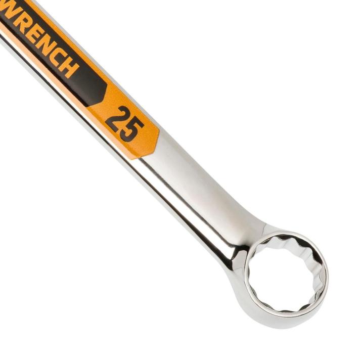 Up close image of the GEARWRENCH  25mm 12 Point Hi-Viz Long Pattern Combination Wrench showcasing the bold, large high-visibility color size markings for quick identification.