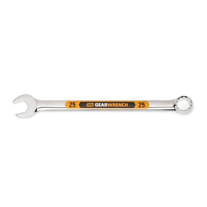Image of the GEARWRENCH  25mm 12 Point Hi-Viz Long Pattern Combination Wrench with the open end towards the left and the closed end towards the right showcasing the bold, large high-visibility color size markings for quick identification.